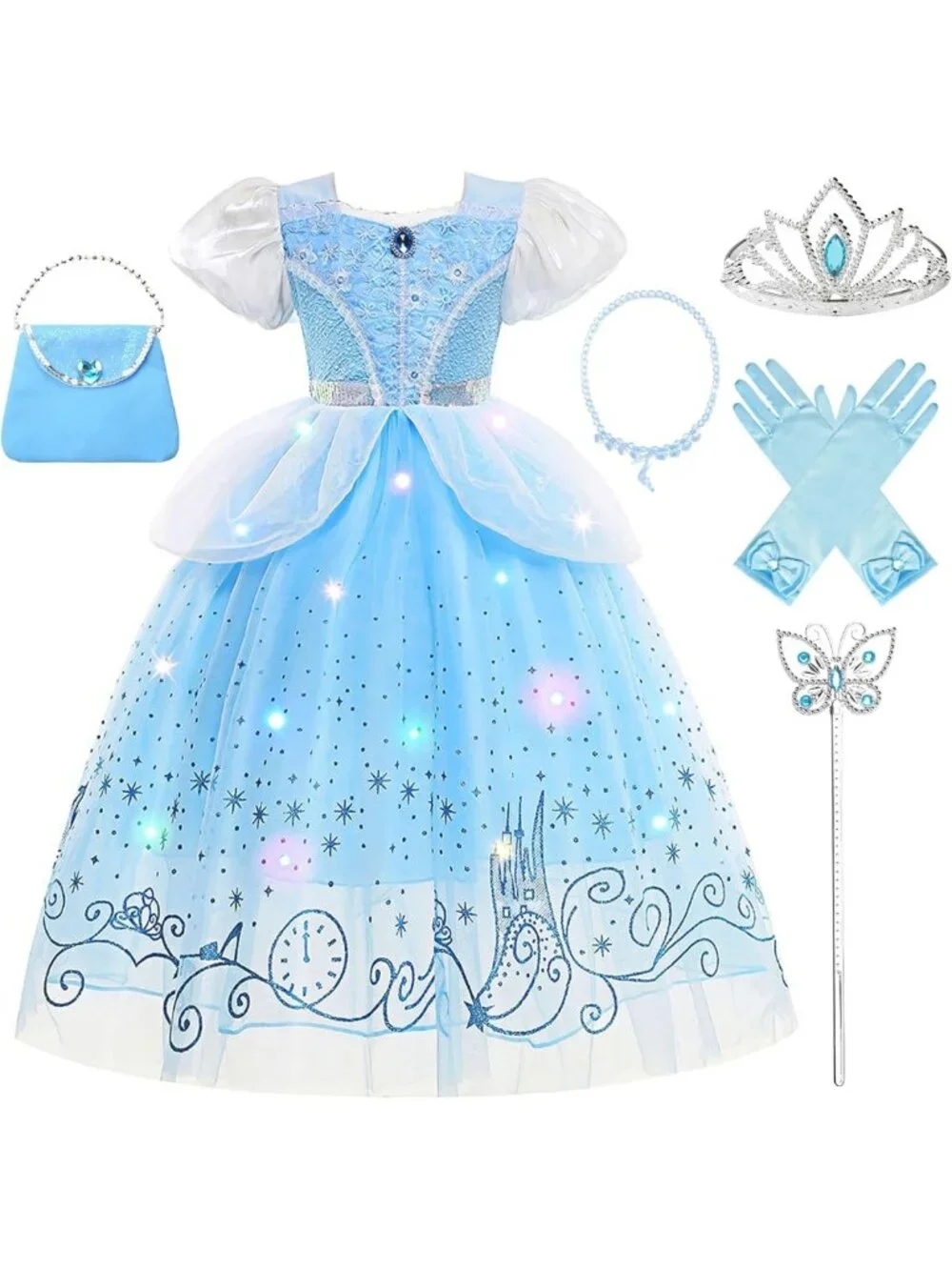 Light Up Cinderella Dress for Girls - Toddler Blue Costume, Dress Up Outfit 3-9Y